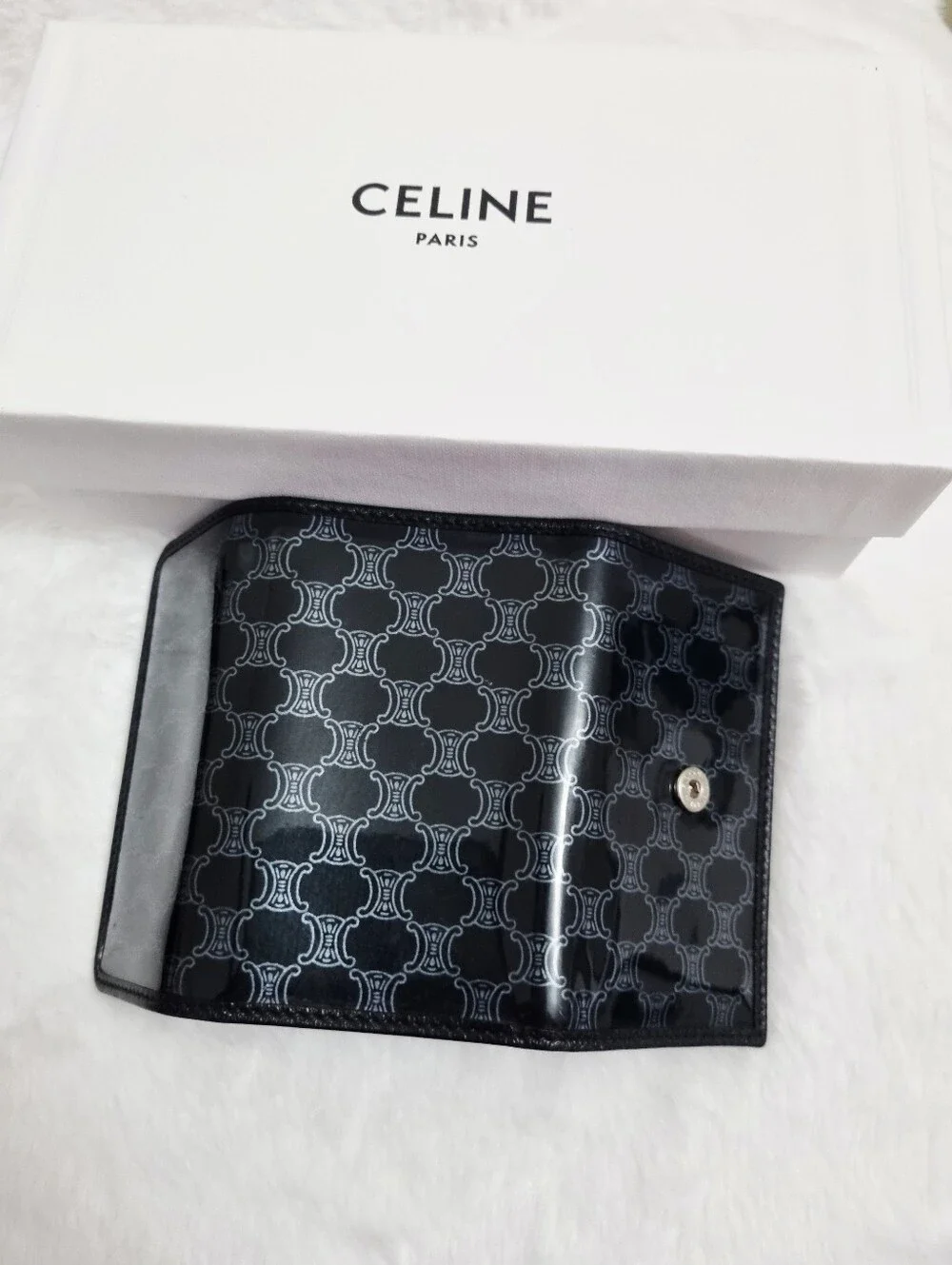 Celine Black Triomphe Patent Leather Card & Key Holder